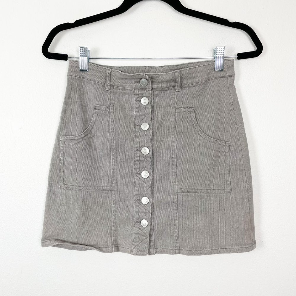 Altar'd State Woman's Sz M Dark Khaki Button Front High Rise Straight Mini Skirt